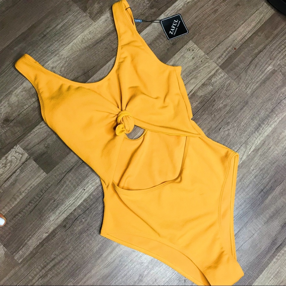 Yellow One-Piece Swimsuit with Tieknot